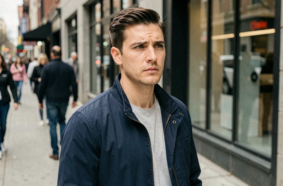 Homme dans la rue regardant une femme passer avec une expression neutre et contemplative