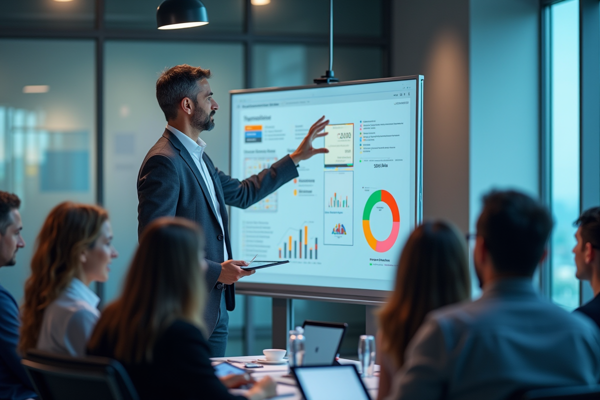 Homme en réunion avec tableau blanc interactif