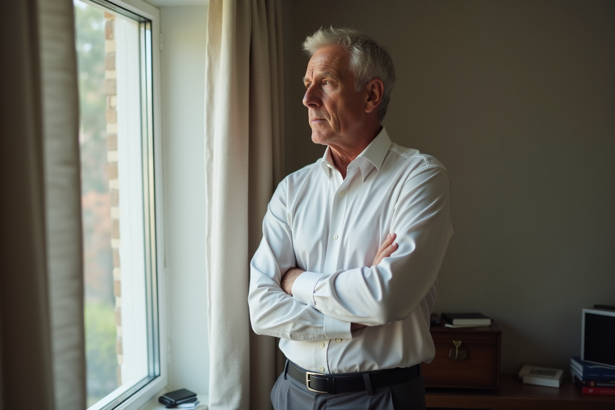 Homme d age dans un salon calme avec livres et jardin