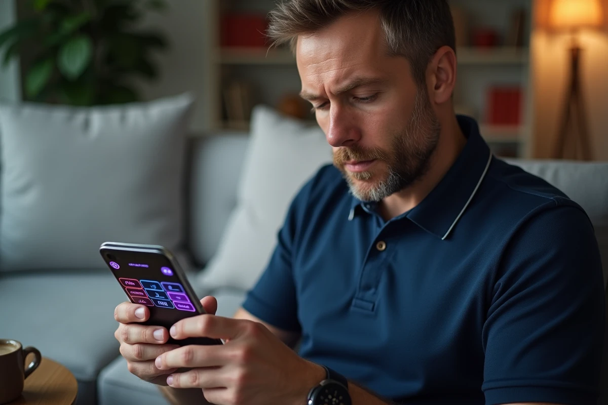 Homme consultant la solution du mot de passe Codycross sur son smartphone dans un salon moderne