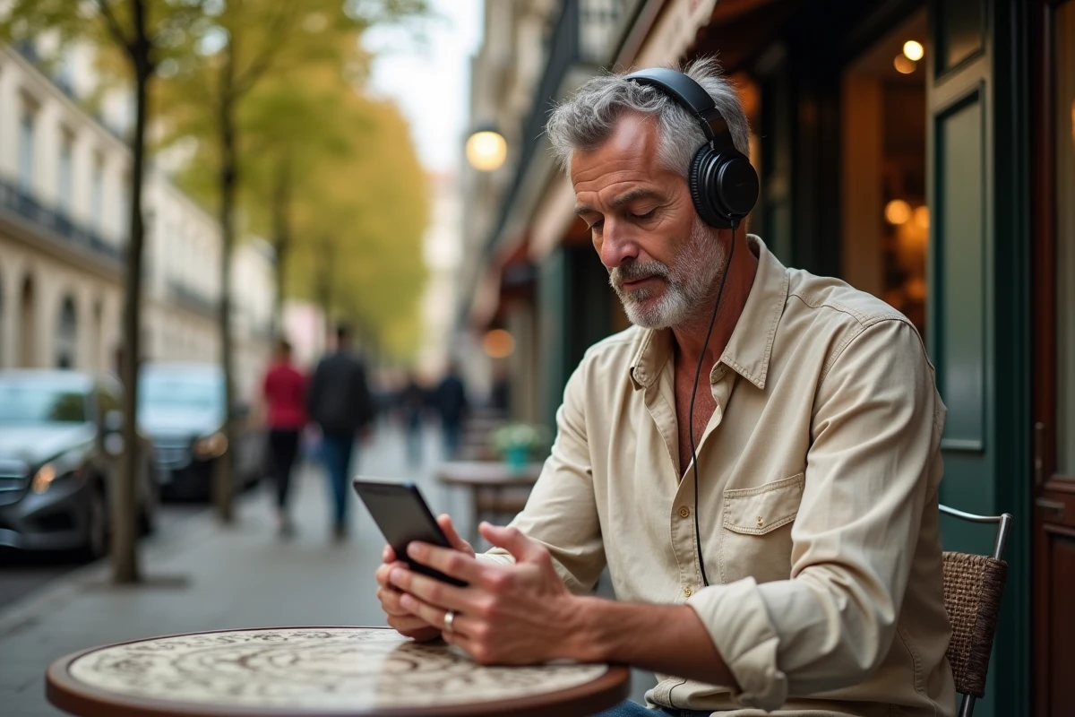 Homme écoutant des chansons françaises des années 60 en terrasse de café parisien