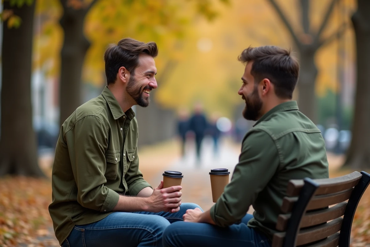 Homme transgenre en rendez-vous romantique dans un parc en automne, riant avec son partenaire lors d'une première rencontre