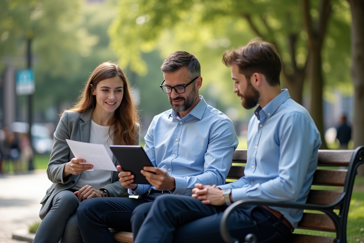 Homme d age moyen discute avec collègues dans un parc