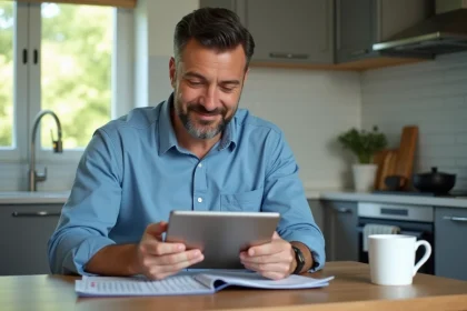 Homme vérifiant résultats Keno sur tablette dans cuisine