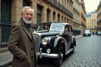 Homme d'une soixantaine ans avec blazer tweed et gants en conduisant une voiture ancienne devant un bâtiment historique