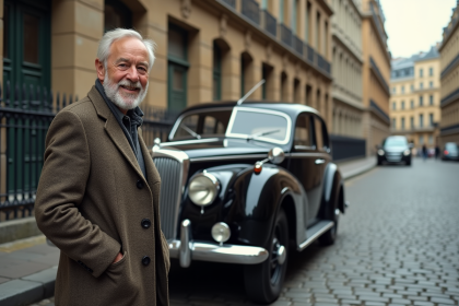 Homme d'une soixantaine ans avec blazer tweed et gants en conduisant une voiture ancienne devant un bâtiment historique