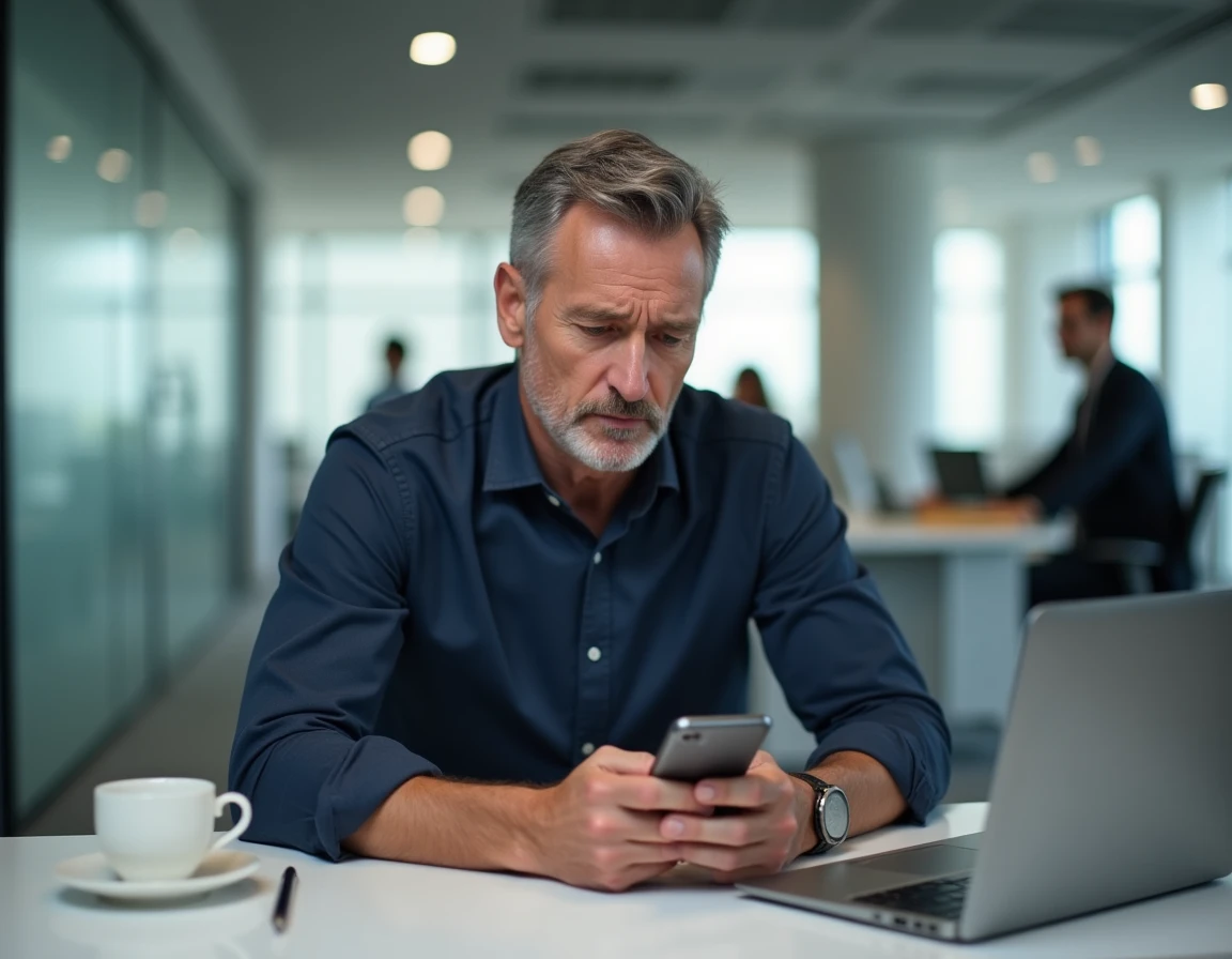 Homme en bureau professionnel regardant un appel entrant avec l'indicatif +44 sur son téléphone portable, air hésitant