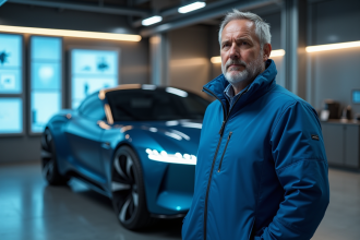 Ingénieur automobile devant prototype de voiture électrique futuriste