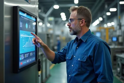 Ingénieur homme utilisant un écran tactile industriel en usine