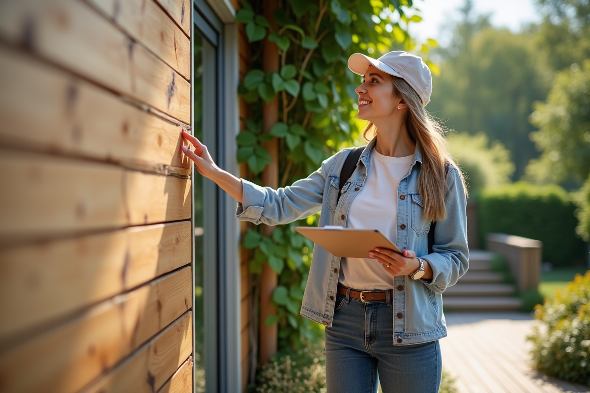 Jeune femme inspectant l isolation extérieure d une maison écologique