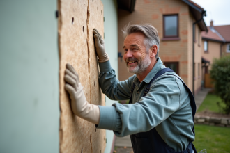 Homme en overalls posant des panneaux isolants sur une maison