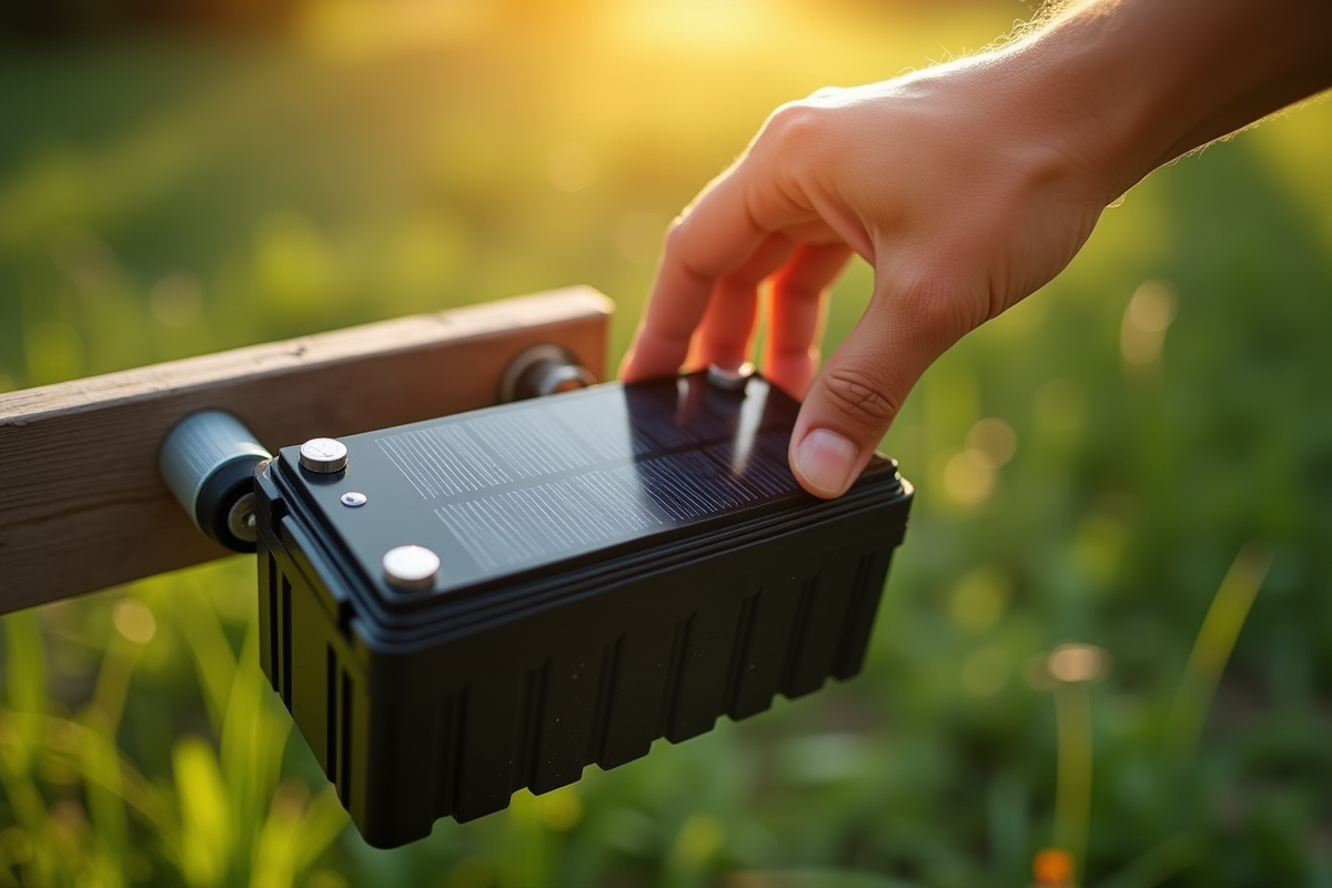 Main installant une grande batterie rechargeable sur un appareil solaire