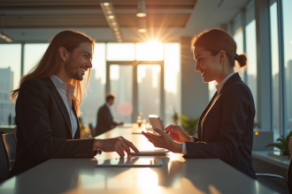 Intérieur moderne d'une banque avec client et conseiller souriant
