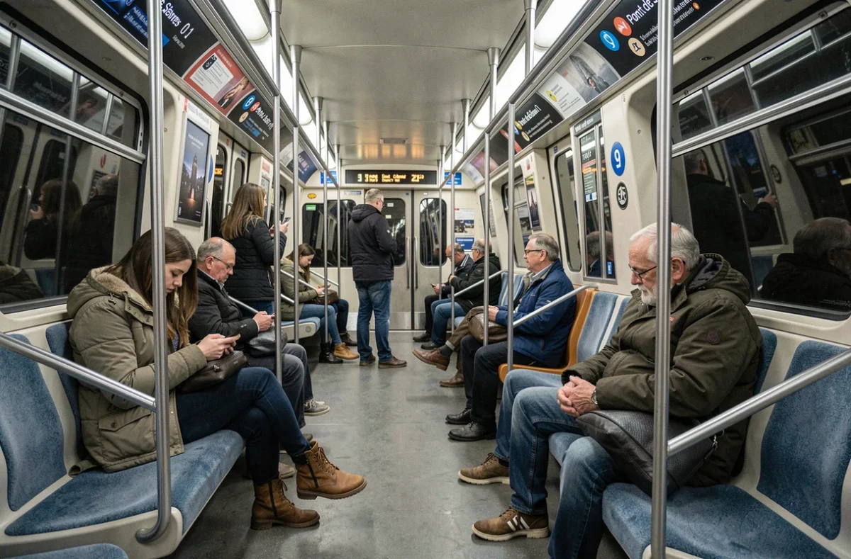 Intérieur d'une rame de la ligne 9 du métro parisien avec des passagers en voyage