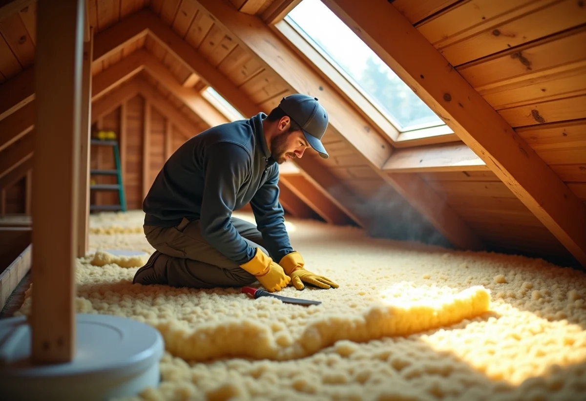 Installation de laine mineral dans un grenier en bois avec lumière naturelle