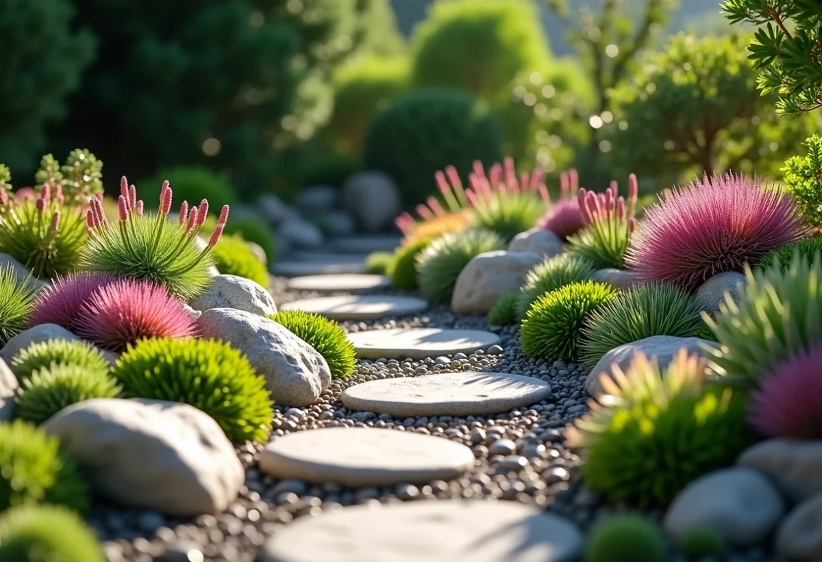 Jardin de rocaille coloré avec plantes alpines et cailloux