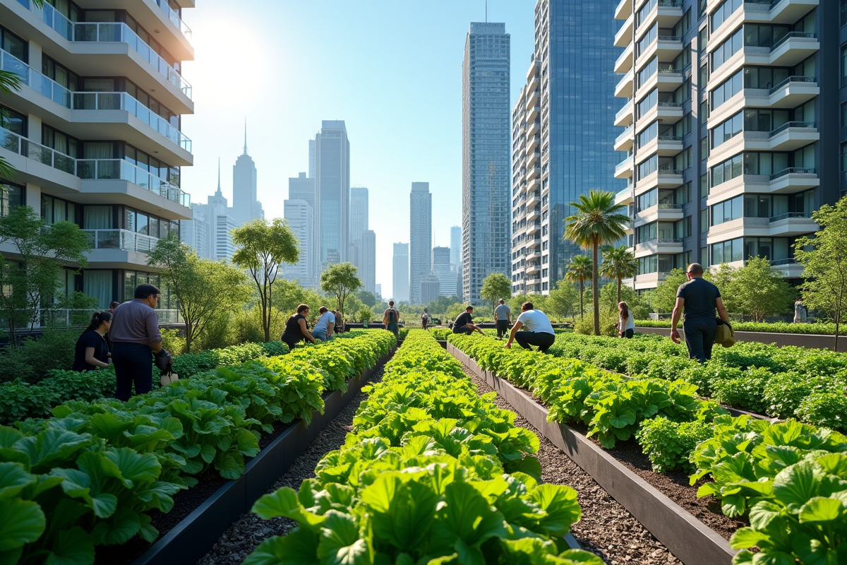 Jardin urbain sur toit avec des personnes cultivant des légumes