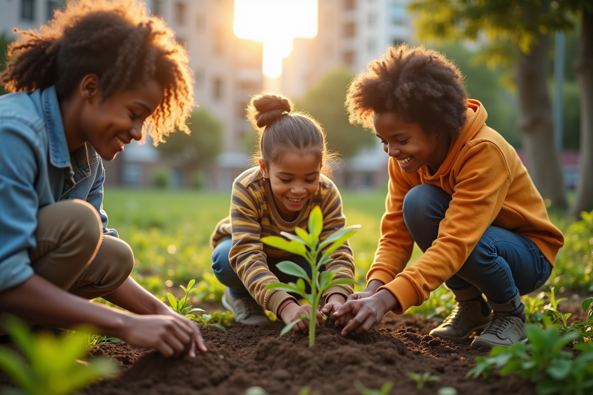 Groupe de personnes plantant des arbres dans un jardin urbain ensoleillé