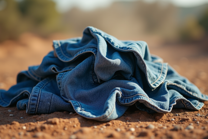 Pile de jeans usés abandonnés sur terre sèche pollution