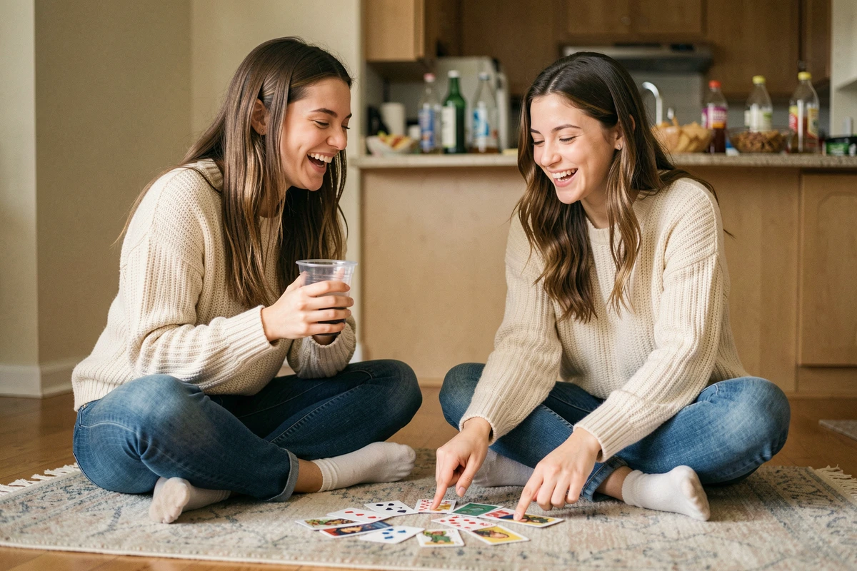 Deux étudiantes riant autour de cartes de jeu lors d'une soirée conviviale à l'appartement