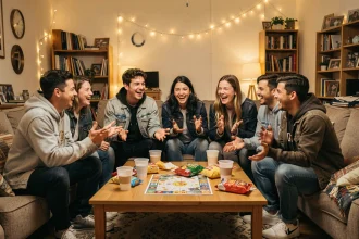 Groupe d'étudiants jouant au jeu du palmier autour d'une table basse lors d'une soirée animée