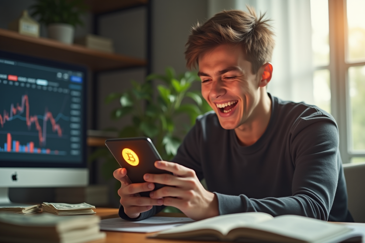 Jeune adulte vérifiant son smartphone avec logo Dogecoin brillant
