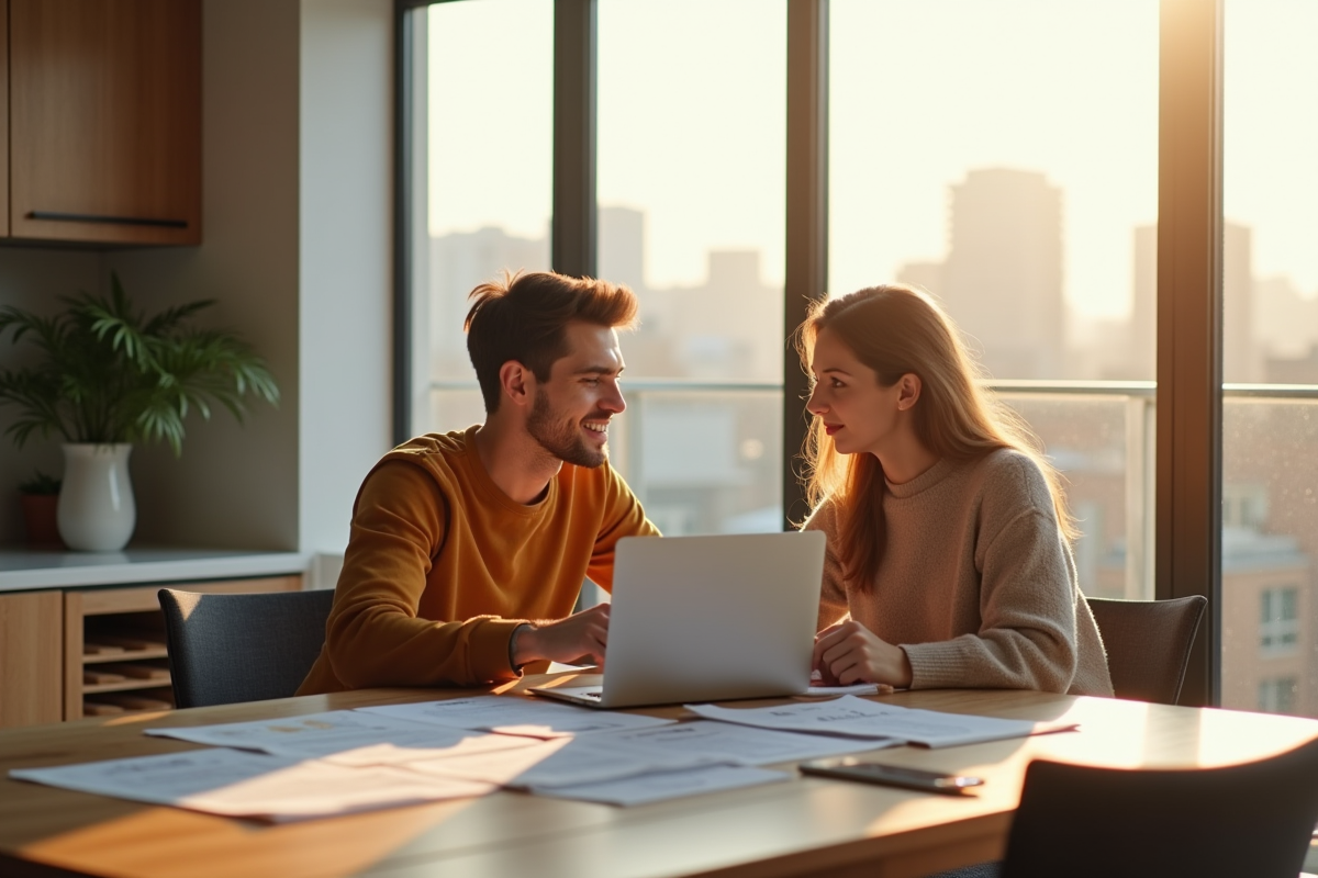 Jeune couple analysant des documents immobiliers à la maison
