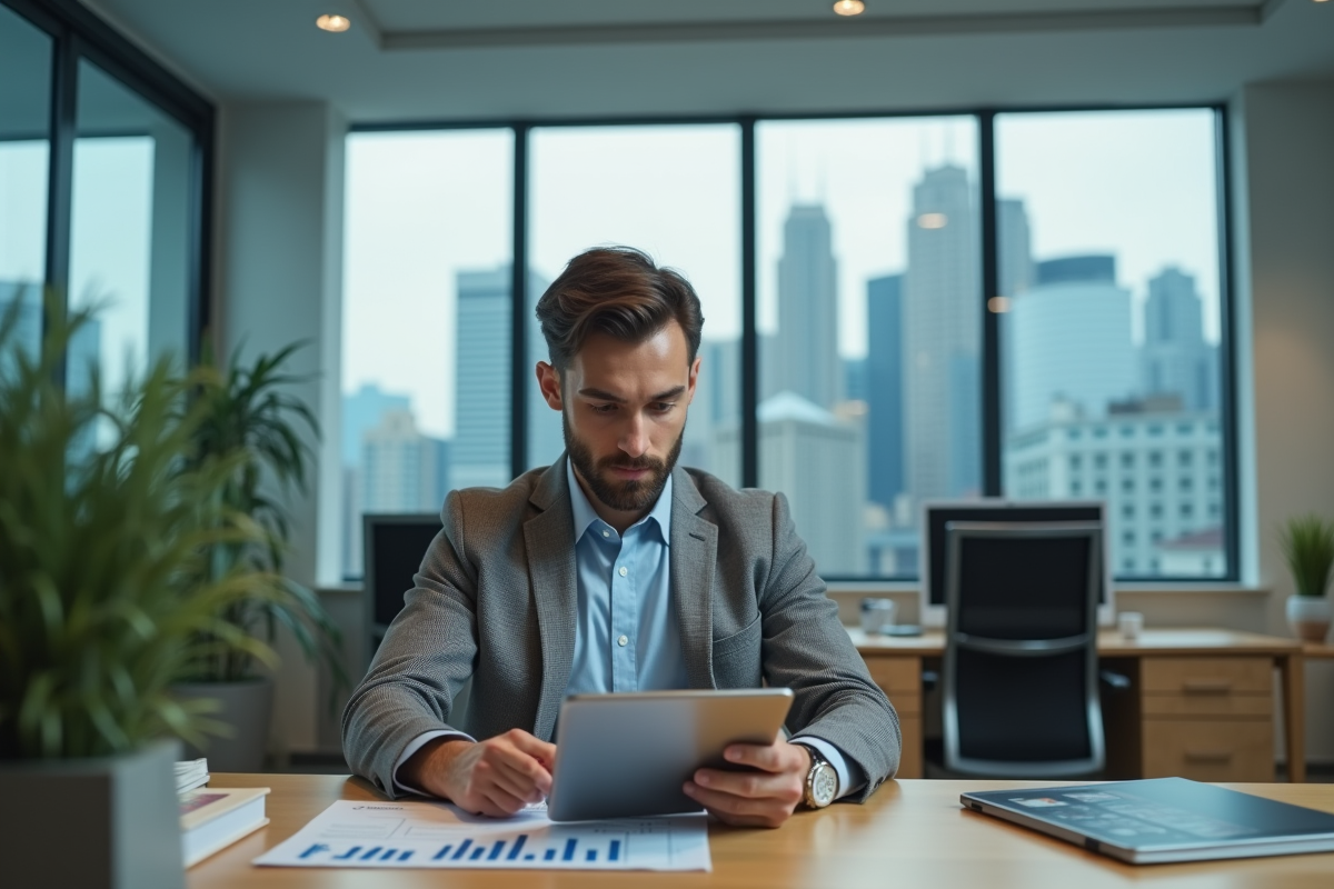 Jeune économiste étudiant un tableau financier sur tablette