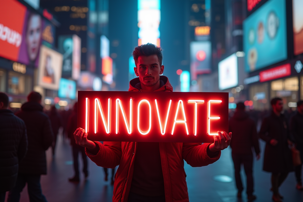 Jeune entrepreneur dans la ville avec un panneau lumineux INNOVATE