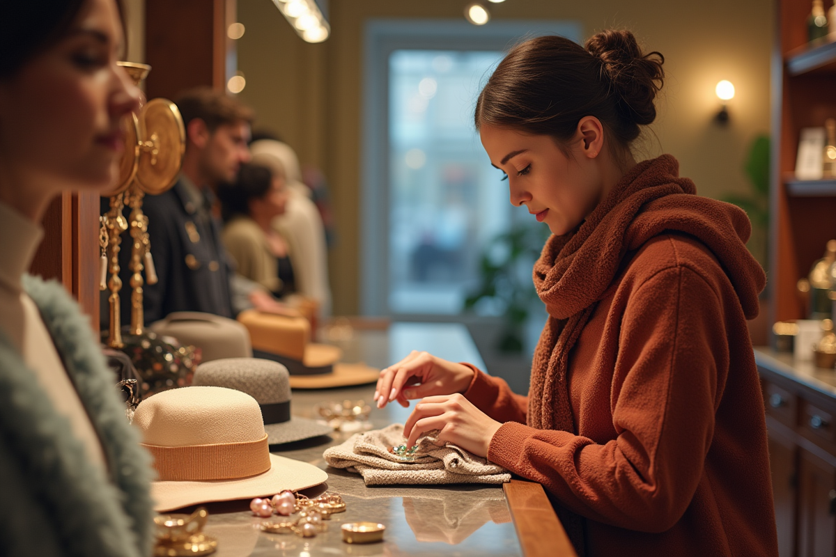 Jeune femme élégante choisissant des accessoires dans une boutique
