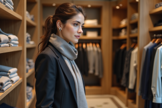 Jeune femme en style français dans une boutique parisienne