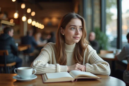 Jeune femme dans un cafe en pleine réflexion
