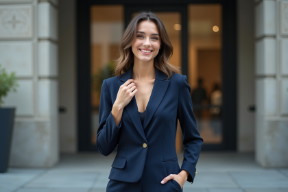 Jeune femme en costume bleu devant un bâtiment moderne