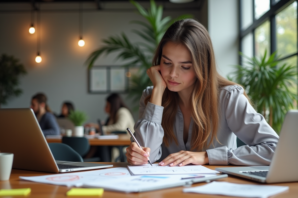 Jeune femme en coworking esquissant des idées créatives