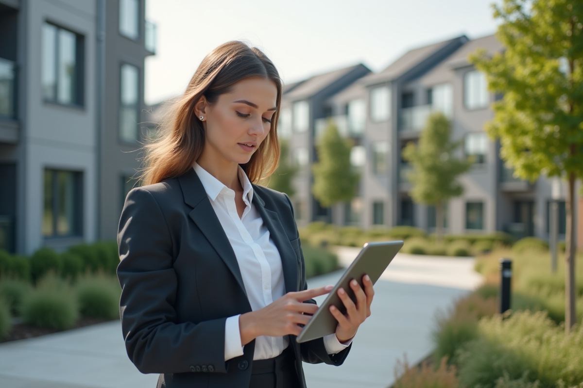Jeune femme ingénieure documente performance énergétique en extérieur