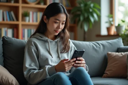 Jeune femme lisant manga sur smartphone dans un salon cosy