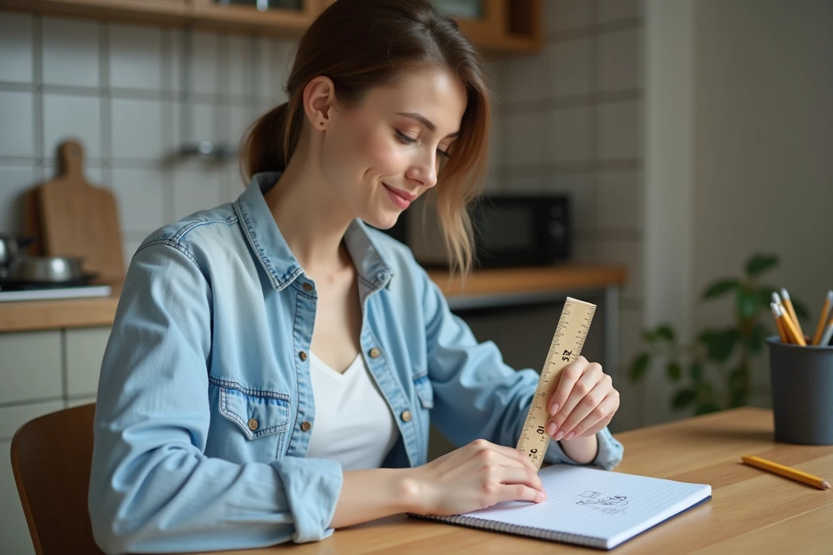 Jeune femme mesure un carnet avec une règle dans la cuisine
