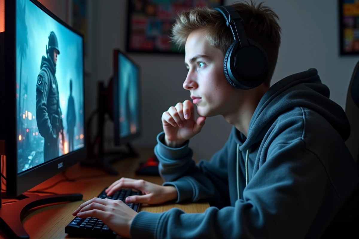 Jeune homme concentré jouant en ligne avec casque et clavier dans son espace gaming