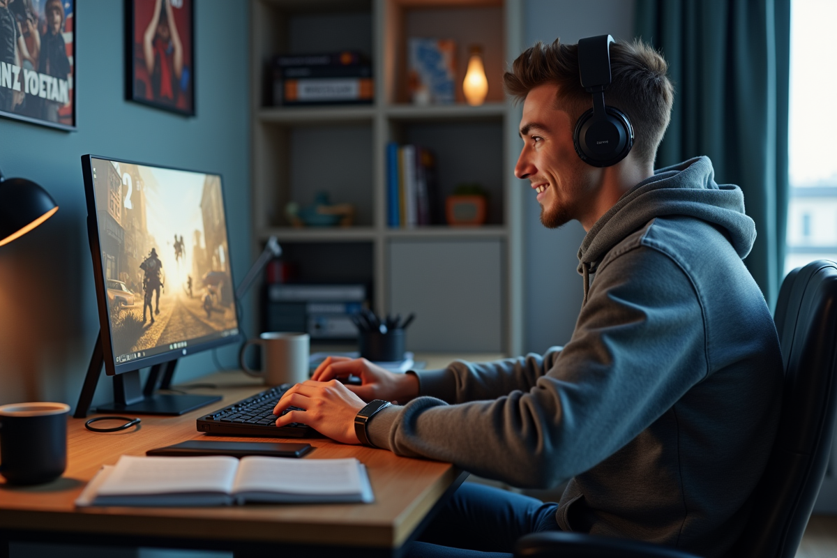 Jeune homme jouant sur un laptop gaming dans sa chambre