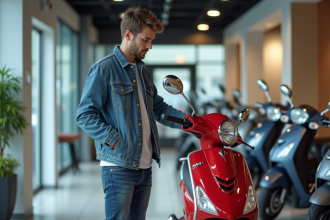 Jeune homme avec scooter neuf dans un showroom moderne
