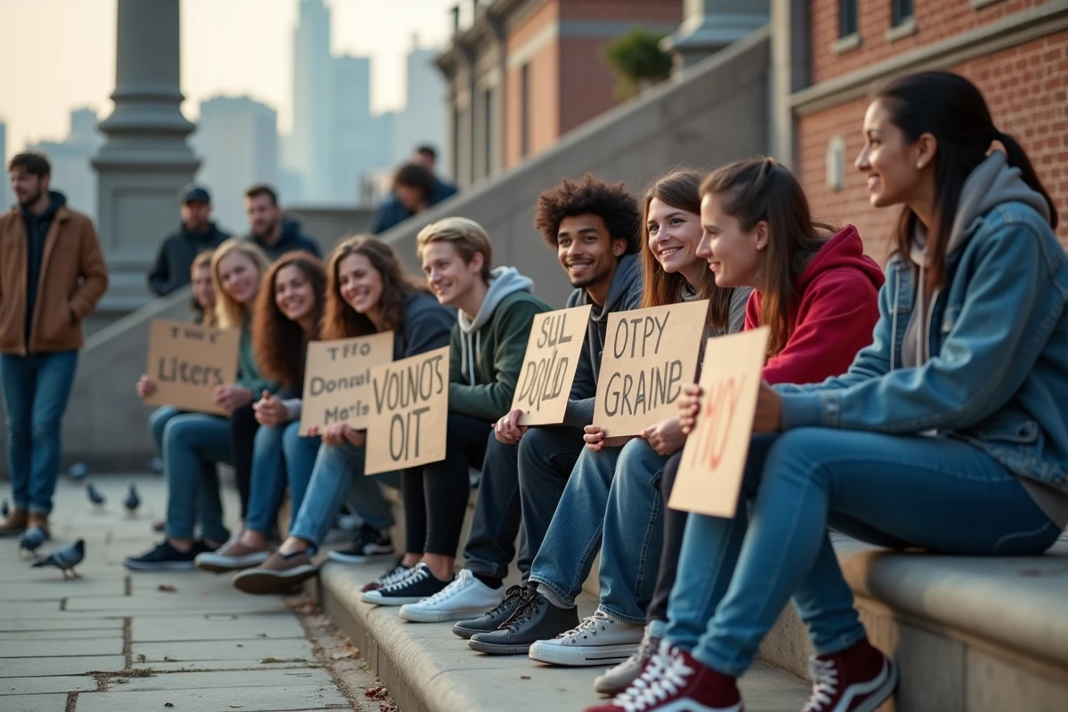Groupe de jeunes militants urbains tenant des pancartes peintes à la main lors d'un rassemblement spontané en ville, illustrant le mouvement woke et l'activisme contemporain