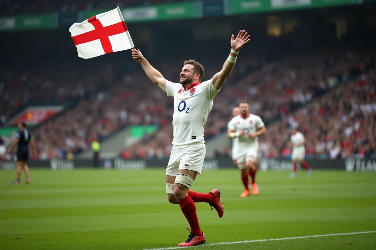 Joueur de rugby anglais brandissant le drapeau de la Croix de Saint-Georges lors d'un match