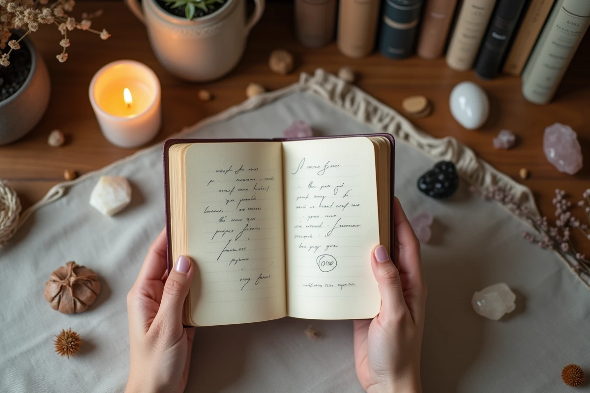 Mains tenant un journal ouvert avec la synchronicité 10h10 entourée, posé sur un bureau spirituel avec cristaux et fleurs séchées symbolisant la transformation intérieure