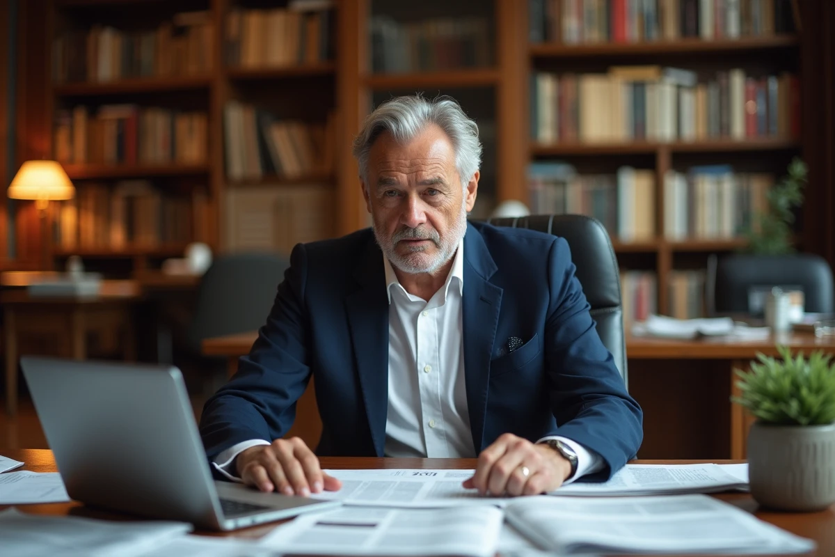 Journaliste expérimenté assis à son bureau dans une rédaction parisienne, entouré de journaux et d'archives de presse