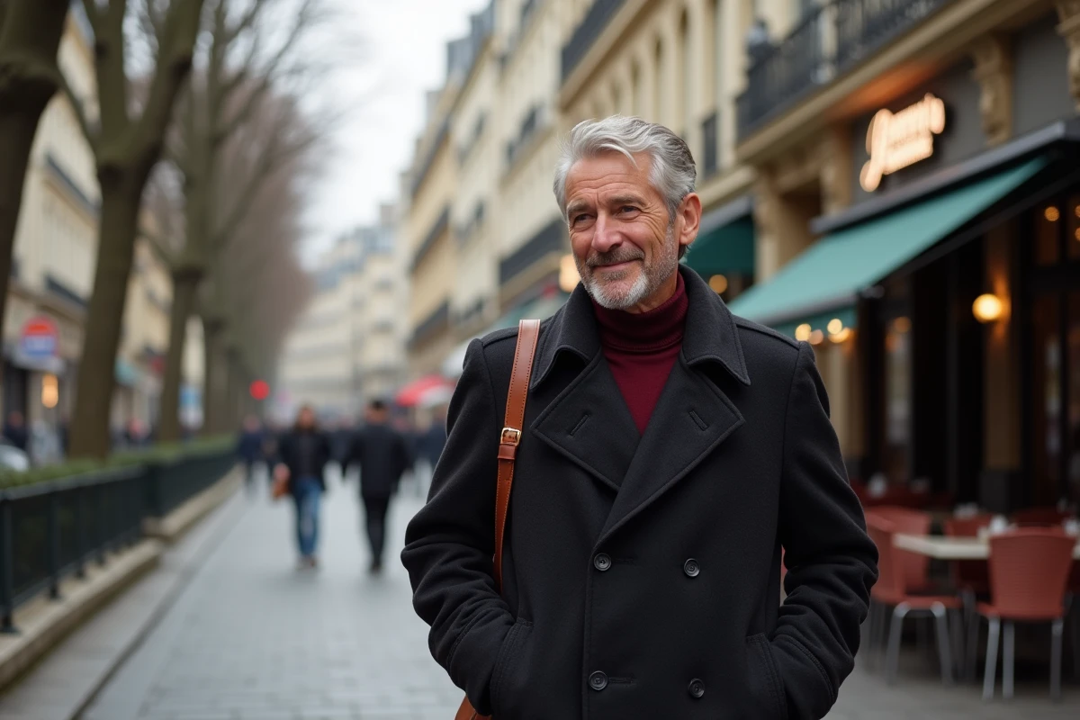 Journaliste reconnu marchant dans une rue parisienne typique avec façades haussmanniennes, satchel en cuir à l'épaule