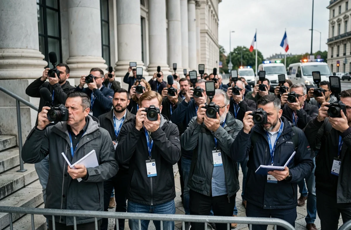 Photographes et journalistes rassemblés devant un bâtiment institutionnel français, scène de presse