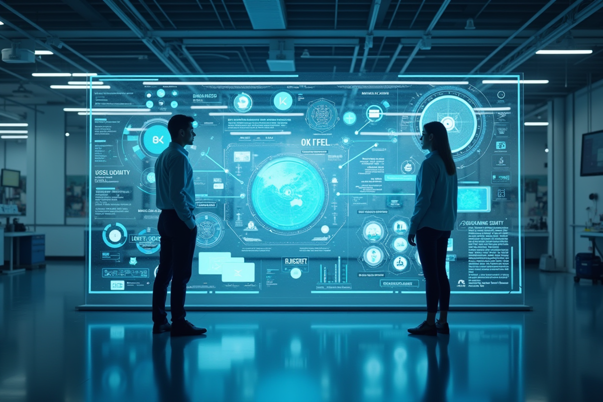 Deux personnes collaborant avec interface holographique