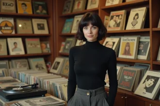 Femme dans un magasin de disques vintage entourée de vinyles des années 60 français