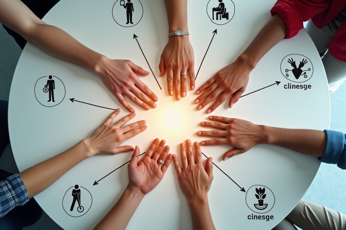 Mains de différentes personnes autour de symboles de défis