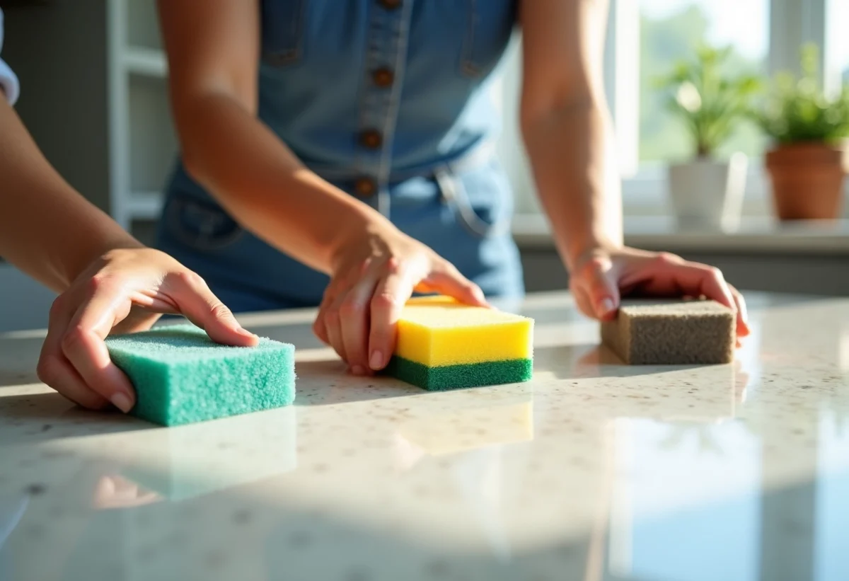 Trois mains tenant des éponges nettoyant une cuisine